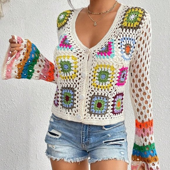 White Boho Womens Floral Pattern Hollow Out Flounce Sleeve Cardigan - Picture 4 of 5